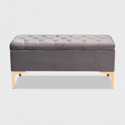 Valere Grey Velvet Gold-Finished Button Tufted Storage Ottoman