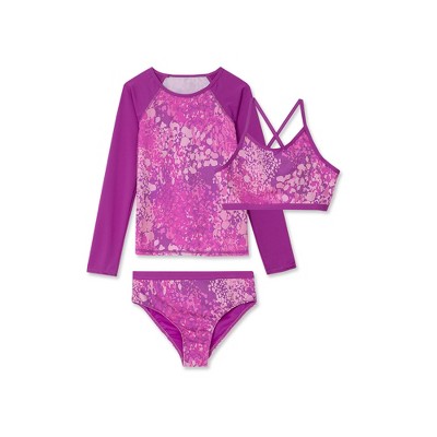 Lands' End Kids Slim Rash Guard Swim Top Bikini Top and Bottoms UPF 50 Swimsuit Set