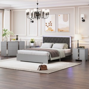 4 Piece Modern Bedroom Set with Upholstered LED Bed Nightstands and Dresser Set,Queen Size Storage Furniture for Contemporary Home-LAOTIES - 1 of 4