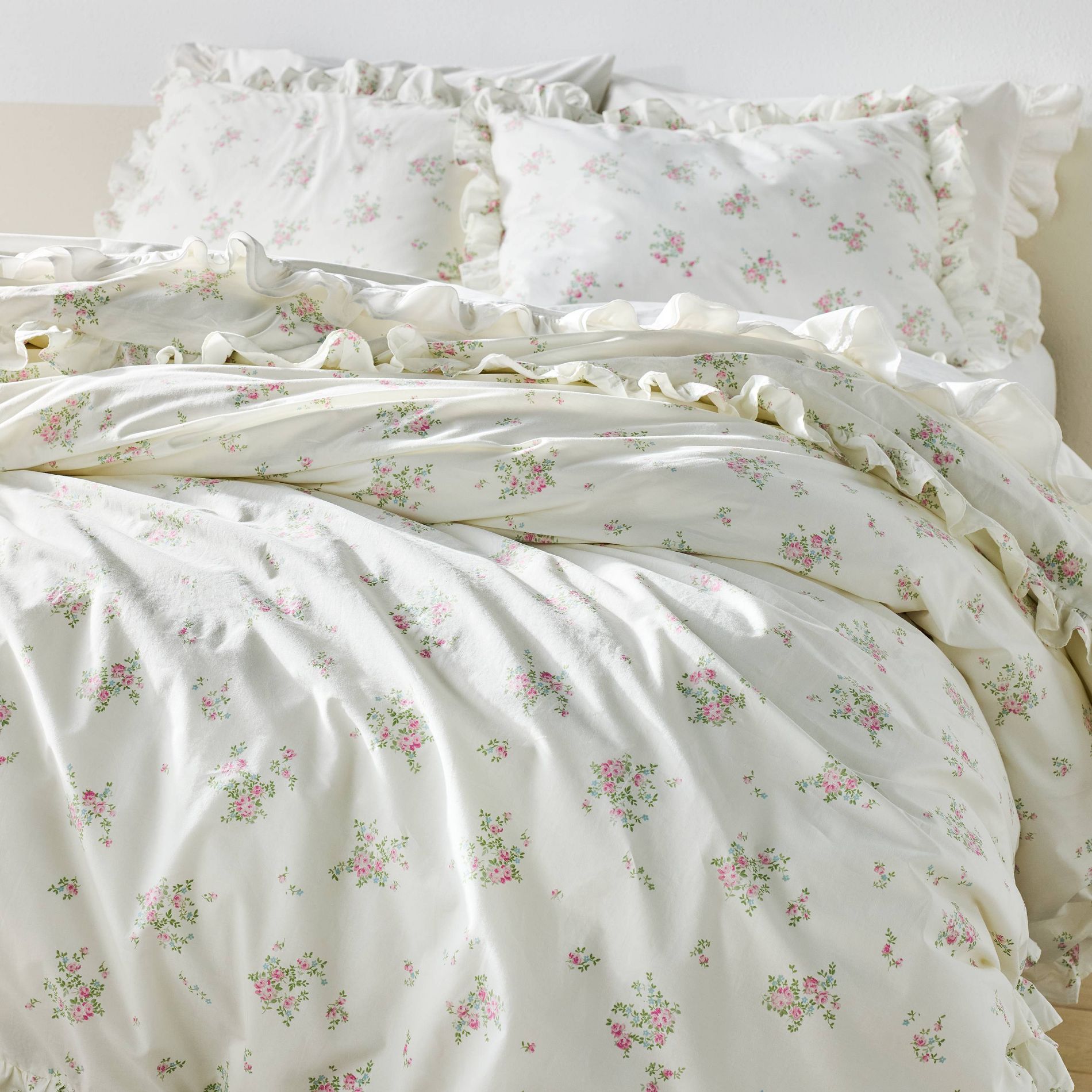 Printed Floral Cotton Ruffle Duvet Cover Set Pink/White Simply Shabby Chic
