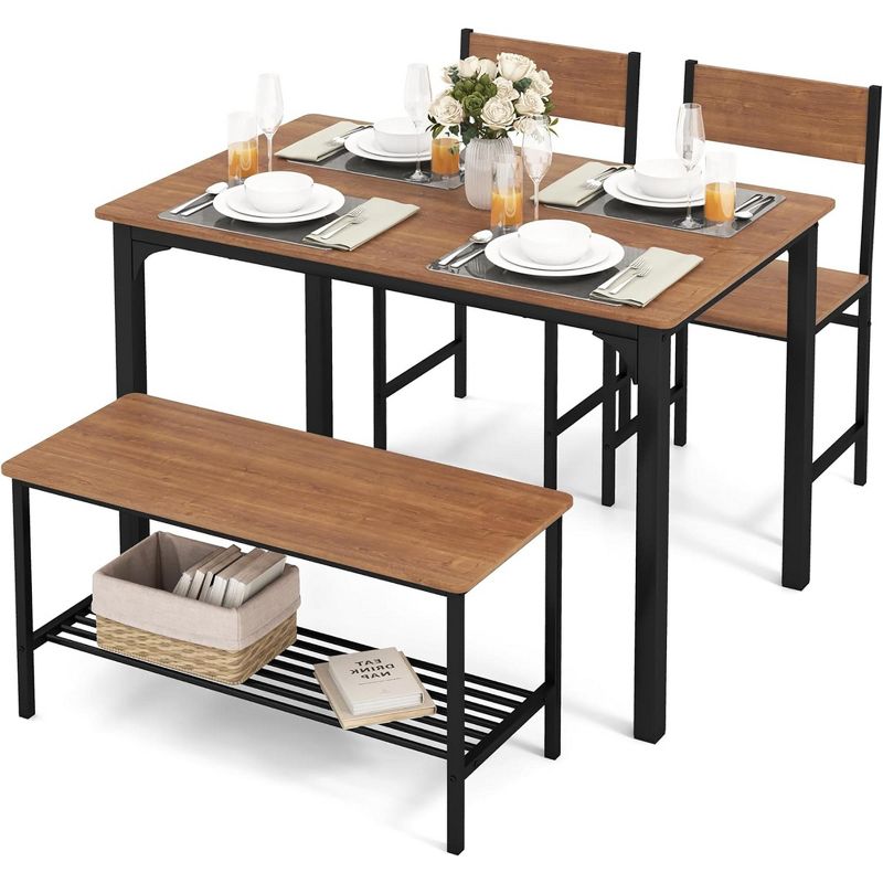Tangkula Dining Table Set for 4 Dinette Set w/Bench & Chairs 2-Person Kitchen Table and Chairs w/Metal Frame & Storage Rack, 1 of 11