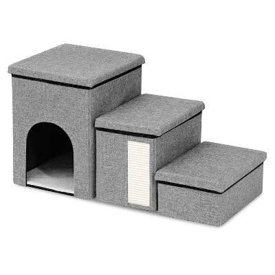 iMountek"3-Step Foldable Pet Stair Ramp with Scratcher, Storage & Pet House for Small/Medium Pets, 165LBS"Grey