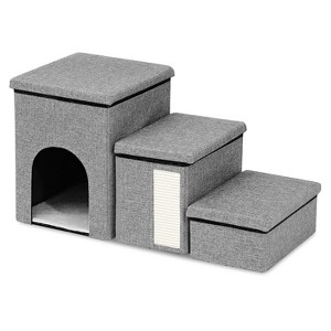 iMountek"3-Step Foldable Pet Stair Ramp with Scratcher, Storage & Pet House for Small/Medium Pets, 165LBS"Grey - 1 of 4