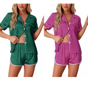 INSPIRE CHIC Women's 2 Pcs Satin Pajamas Silky Short Sleeve Button Down Pajama Sets - 1 of 4