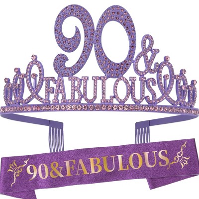 90th Birthday Sash & Tiara Set For Women - Sparkling Crystal Crown And Satin Sash For Milestone Celebration