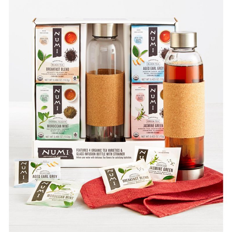Numi Organic Tea Gift Set , Includes 16oz Glass Tea infusion Bottle with Strainer and 4 organic tea varieties (24 tea bags), 2 of 7