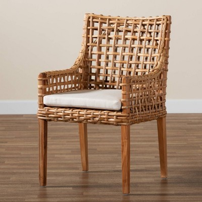 Handcrafted Indonesian Rattan and Wood Armchair with Plush Cushion