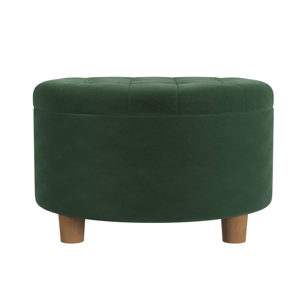 Tufted Round Storage Ottoman Loden Green Velvet - HomePop: Velvet Footstool, Honey Oak Legs, 250lb Capacity