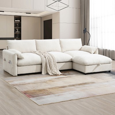 Whisen Oversized Chenille Sectional Sofa with Storage Ottoman and Pockets, Adjustable Phone Holder and Charging Ports