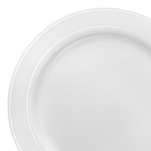 Smarty Had A Party 10.25" White w/ Silver Edge Rim Plastic Dinner Plates - 120 pcs - 1 of 4