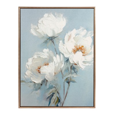 White Peonies on Ocean Blue Canvas with Gold Beaded Frame