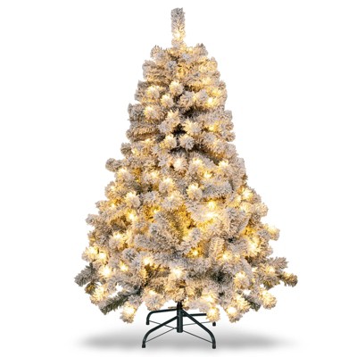 Tangkula 4.5 FT Snow Flocked Christmas Tree Pre-lit Christmas Tree w/295 Branch Tips & 150 Warm White LED Lights