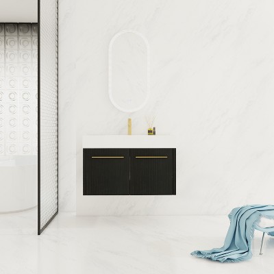 Vynxaria 36-Inch Wall-Mounted Bathroom Vanity with Thick Edged Double Resin Sink in KD-Package for Spacious Bathrooms
