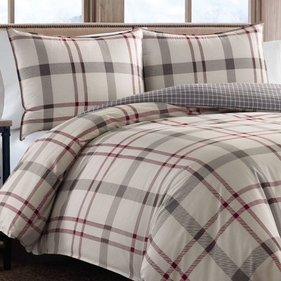 Full/Queen White and Gray Cotton Plaid Duvet Cover Set