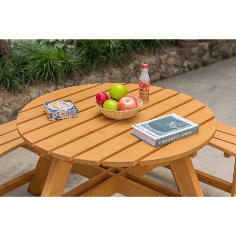Gardenised Wooden Outdoor Patio Garden Round Picnic Table with Bench, 8 Person, 4 of 12