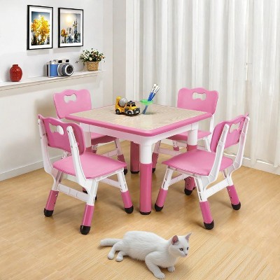 Modern Kids Table and 4 Chair Set,23.26" Height Adjustable Toddler Tables and 4 Chairs with Non-Slip Desk Legs&Organizer Graffiti Desktop