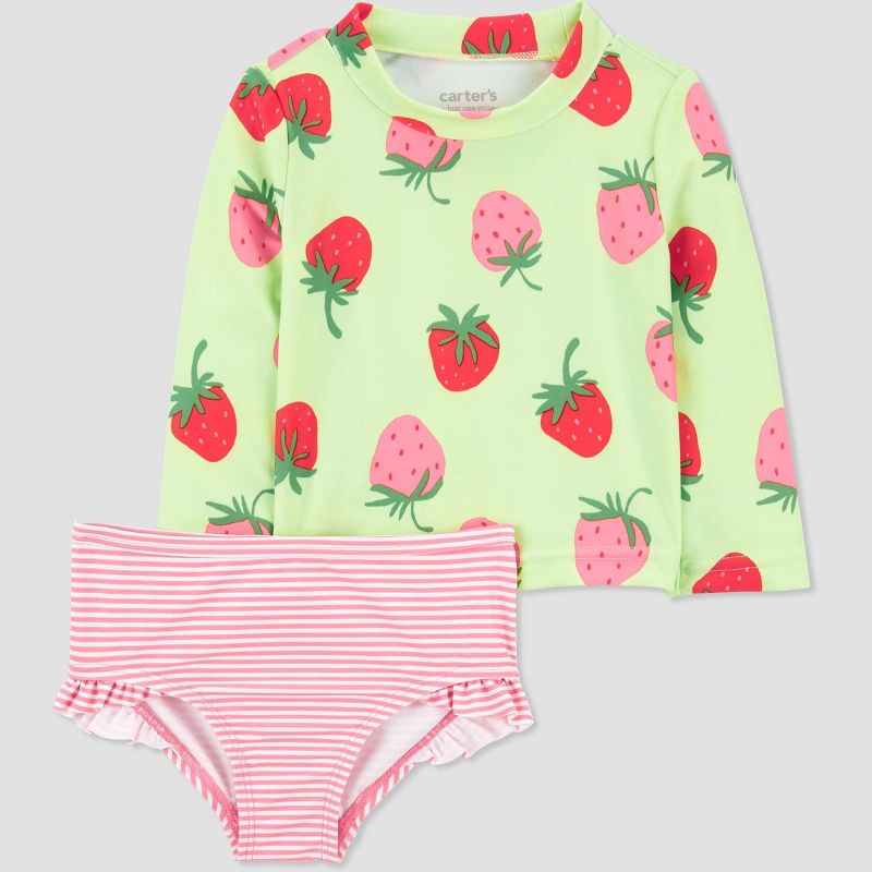 Carter's Just One You®️ Baby Girls' Long Sleeve Strawberry Printed Rash Guard Set - Light Green/Pink, 1 of 7