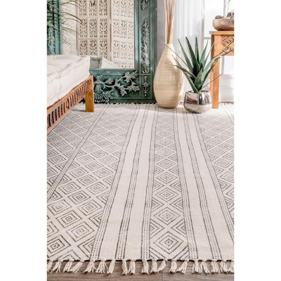 Off-White Geometric Cotton Flatweave 4' x 6' Area Rug