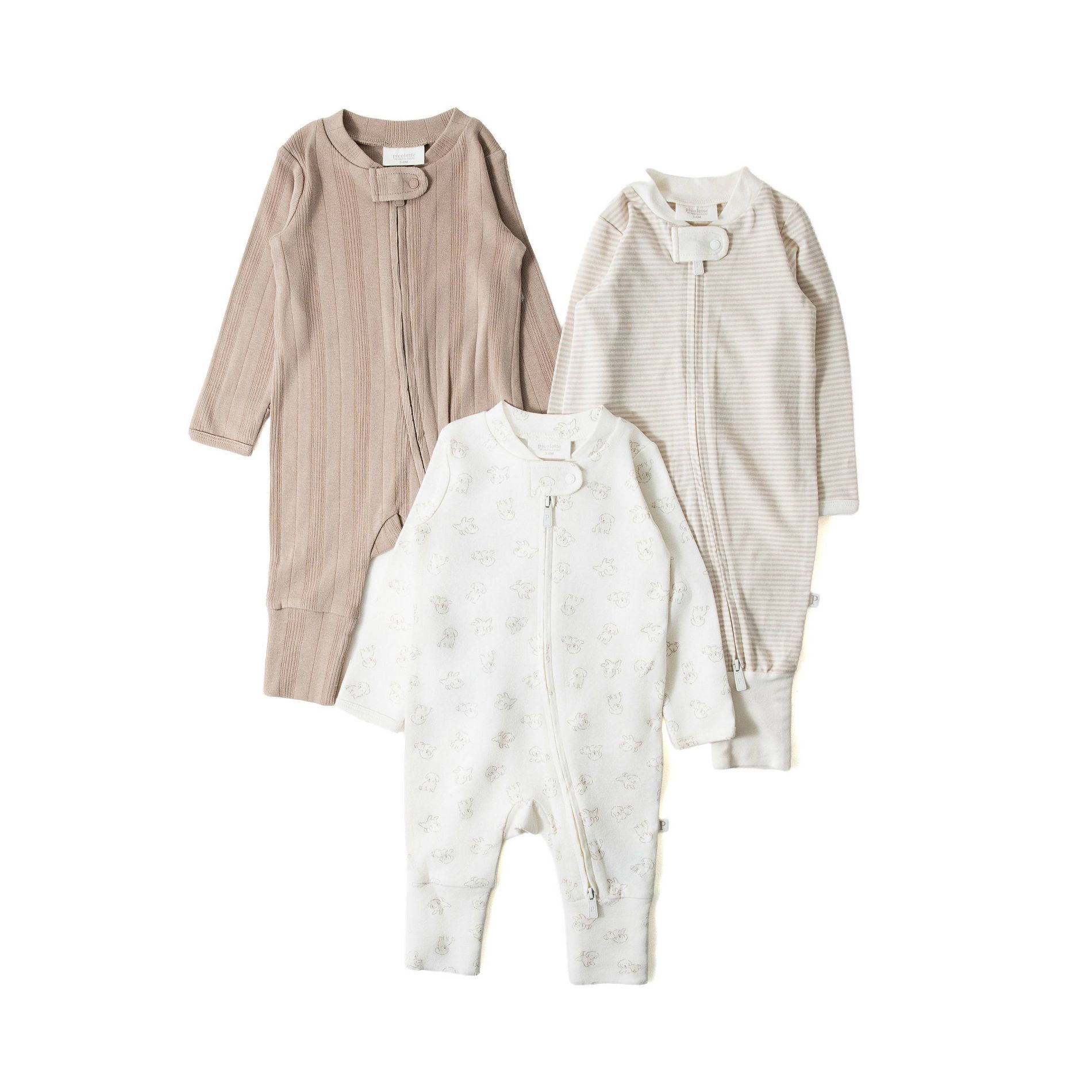 Picolette by Olivia Culpo Baby 3pk Long Sleeve Pajama Romper fold over footie cuff- Beige/White