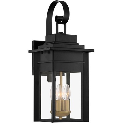 Franklin Iron Works Industrial Outdoor Wall Light Fixture Warm Brass Black Metal 17" Clear Glass Exterior House Patio Outside Deck