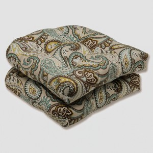 2pc Outdoor Wicker Seat Cushions Tamara Paisley Blue/Brown - Pillow Perfect - 1 of 3
