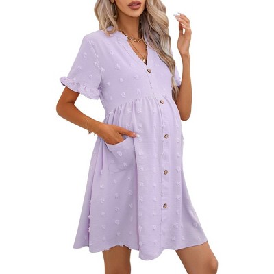 Maternity Swiss Dot Dress Summer V Neck Short Sleeve Button Down Mini Dress  Baby Shower Photoshoot With Pockets Light Purple M : Target