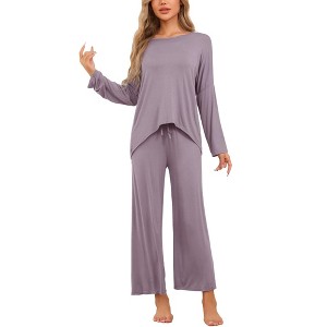 cheibear Women's Lounge Sets Hight-Low Shirt and Wide-leg Pants 2 Piece Pjs Loose Sleepwear Loungewear - 1 of 4