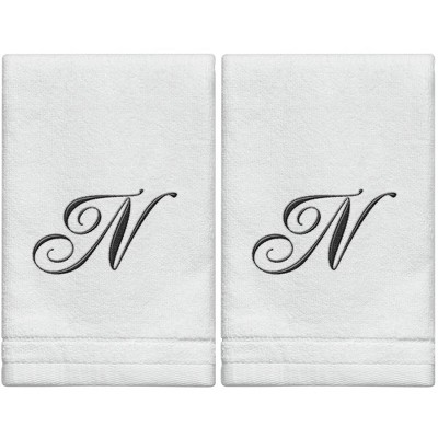 Creative Scents Set of 2 White Fingertip Monogrammed Towels, Black Embroidered