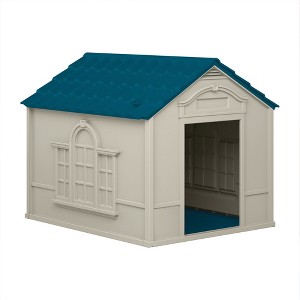 Suncast Deluxe Dog House for Dogs up to 100 Pounds with Removable Roof, Vents, Crowned Channeled Floor, and Personalization Labels, Taupe/Blue - 1 of 4