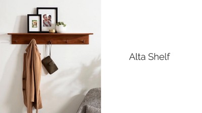 Walnut Brown 36" Floating Wood Shelf with Hooks