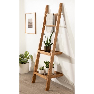 Rustic Brown Solid Wood Ladder Shelf with Two Tiers