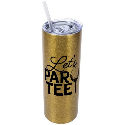 Elanze Designs Vegas Gold 20 Ounce Double Wall Stainless Steel Glitter Travel Tumbler With Sliding Lid And Straw, Let's Par Tee