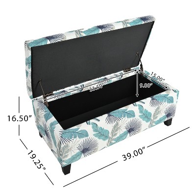 Blue and White Floral Upholstered Storage Ottoman with Birch Wood Legs