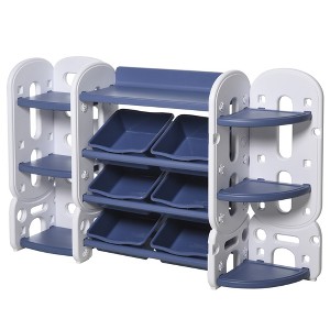 Qaba Kids Toy Storage Organizer Book Shelf with 3 Separate Shelving Sections, 7 Shelves, & 6 Removeable Bins, Blue - 1 of 4