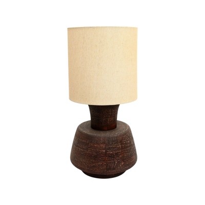 HomeRoots 27" Distressed Brown Solid Wood Urn Table Lamp With Beige Drum Shade