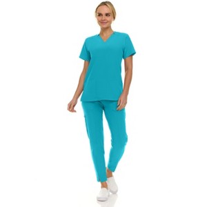 Saint Scrubs Womens 9-Pocket Medical Uniform Set- V-Neck Stretch Top with Tapered Straight Leg Pants - 1 of 4
