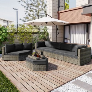 Janey 6-piece All-weather Wicker Patio Sectional Sofa Set, Outdoor Furniture with Cushions and Table - Maison Boucle - 1 of 4