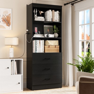 Aheaplus 6-Tier Tall Cabinet with USB Ports and Outlets, Storage Cabinet with Drawers and Open Shelves