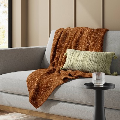 Brown Chenille Midweight Reversible Knitted Throw Blanket, 50x60in