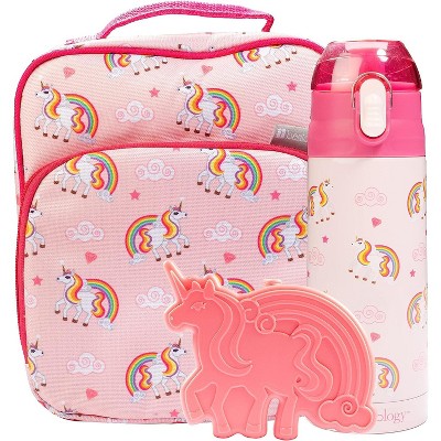 Bentology Lunch Bag Set w Matching Water Bottle & Hard Ice Pack- Pink Rainbow Unicorns- Tote, Insulated Thermos, Hard Ice Pack- For Kids, Girls & Boys