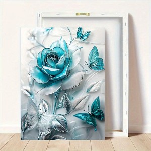 Elegant Turquoise Blue Crystal Rose & Teal Butterflies Canvas Wall Art with Wooden Frame - Classic Decorative Poster for Living Room - 1 of 4