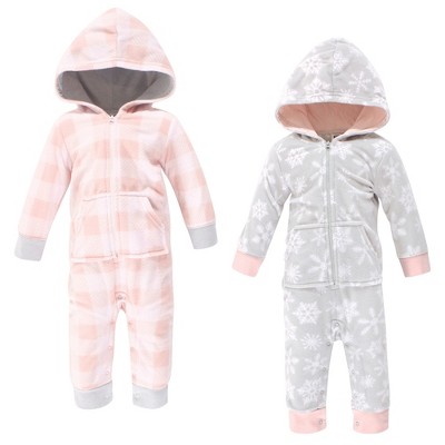 Image of Hudson Baby Infant Girl Fleece Jumpsuits, Coveralls, and Playsuits 2pk, Gray Pink Snowflake, 6-9 Months