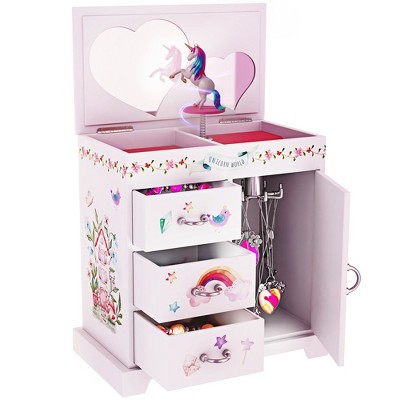 Pretty Me Unicorn Music Jewelry Box with Twirling Figurine, Heart-Shaped Mirror, and Storage Drawers