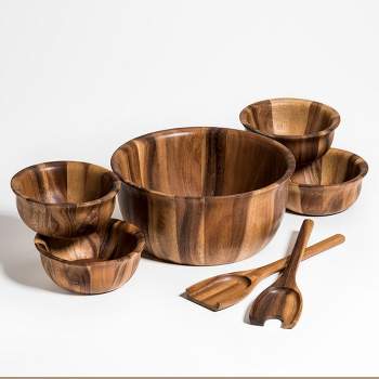 Kalmar Home Solid Acacia Wood  Large Salad Bowl with Servers and 4 Individuals