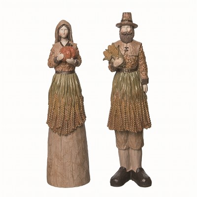 Transpac Resin Brown Harvest Pilgrim Wheat Couple Figurines Set of 2