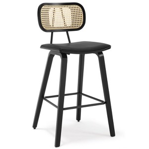 Bekrvio 26" Counter Height Bar Stools-Mid Century Modern Wood Frame,PU Leather Upholstered with Rattan Back, Kitchen Island Counter Stools - 1 of 4