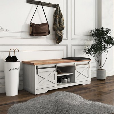 White White Entryway Shoe Bench with Sliding Door Cushion Adjustable Shelf Large Storage Space Shoe Rack Storage Organizer for Narrow Closet Entrywa