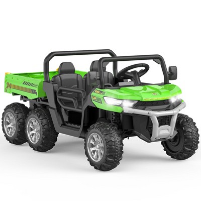 Blue 24V Kids Battery Powered Electric Tractor 6 Wheels Ride On Car With Tipping Bucket Remote Control Led Lights And Music Blue