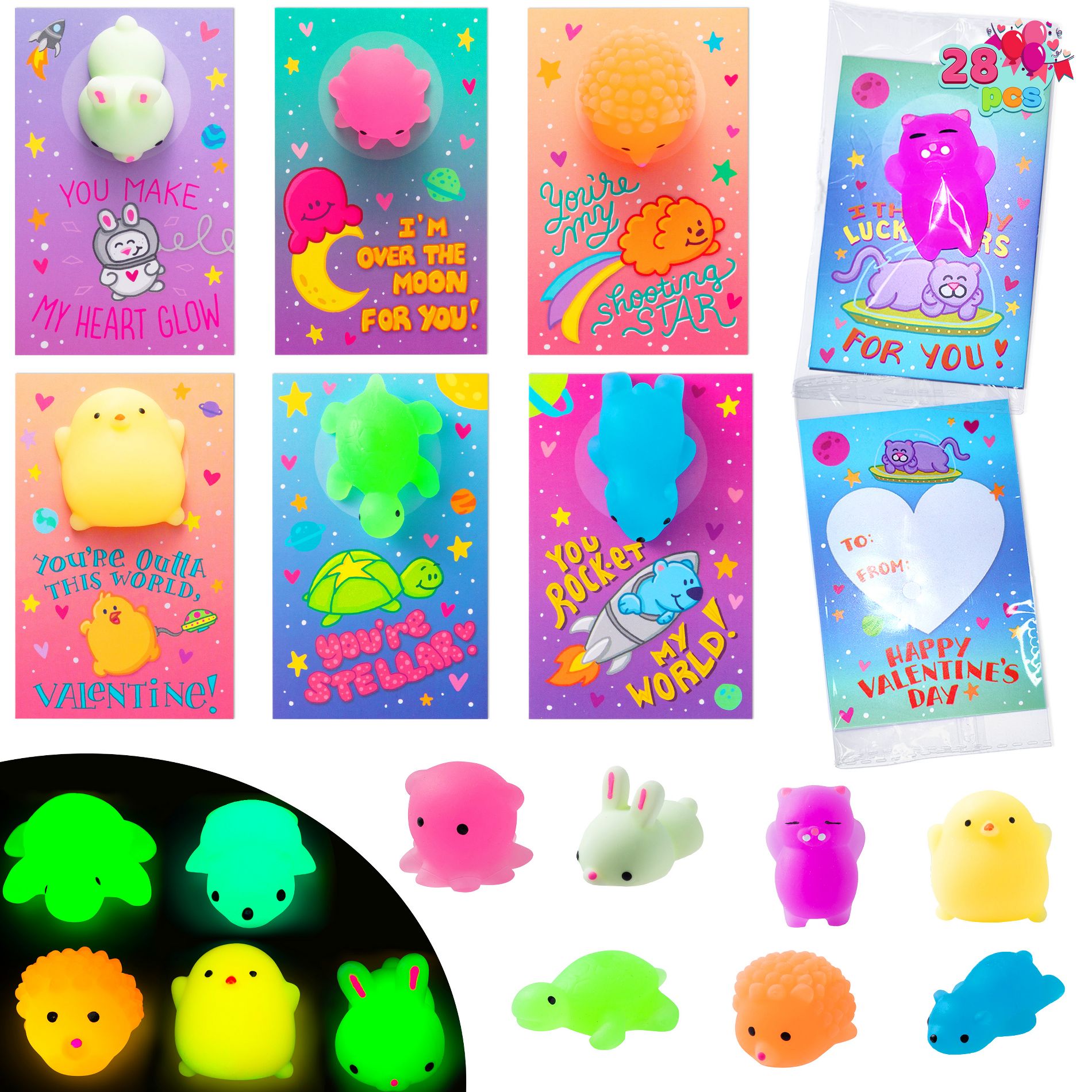 Joyfy Valentines Day Gift Cards with Glow in the Dark Squishy Toys for Kids - Classroom Exchange Gift Cards for Valentine's Day
