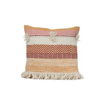 Multicolor Striped Hand Woven 18x18" Cotton Decorative Throw Pillow with Hand Tied Fringe - Foreside Home & Garden